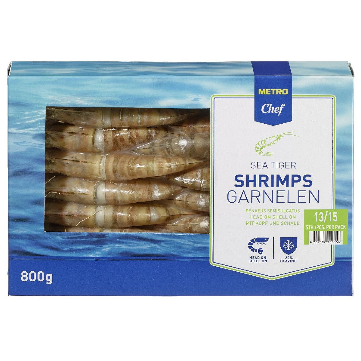 Raw Black Tiger shrimps with head and shell 13/15 800 g