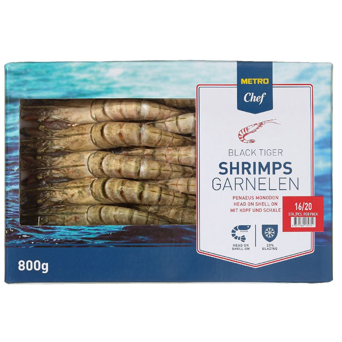 Raw Black Tiger shrimps with head and shell 16/20 800 g